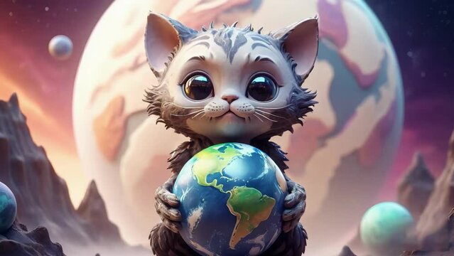 A lonely cute alien animal, similar to a cat, holds the planet in its paws. looped video