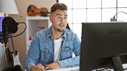 A young man with a beard looks surprised in an indoor music studio, working in front of a computer.