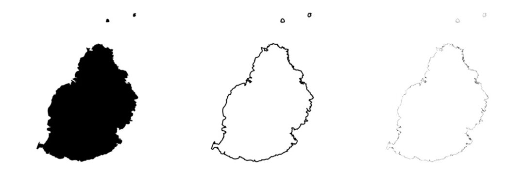 Mauritius country silhouette. Set of 3 high detailed maps. Solid black silhouette, thick black outline and thin black outline. Vector illustration isolated on white background.