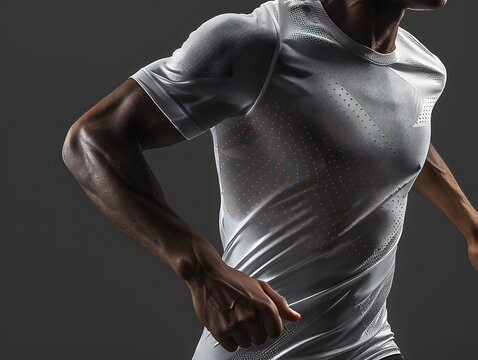 Athletic shirt mockup, highlighting dynamic movement and performance fabric, in action