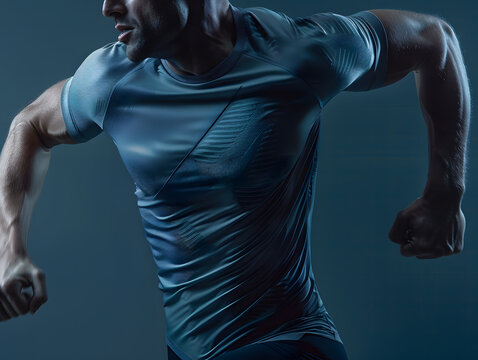 Athletic shirt mockup, highlighting dynamic movement and performance fabric, in action