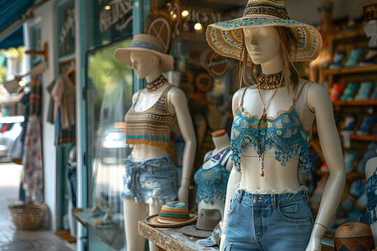 A chic boutique storefront with stylish mannequins and trendy clothing displays, Fashionable Style
