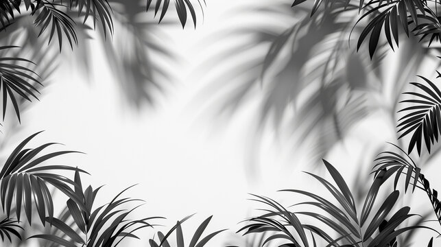 Natural palm leaves falling on white wall background