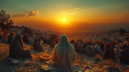 people listen to the Sermon on the Mount of Jesus Christ. Judean Desert. Christian religious photo...