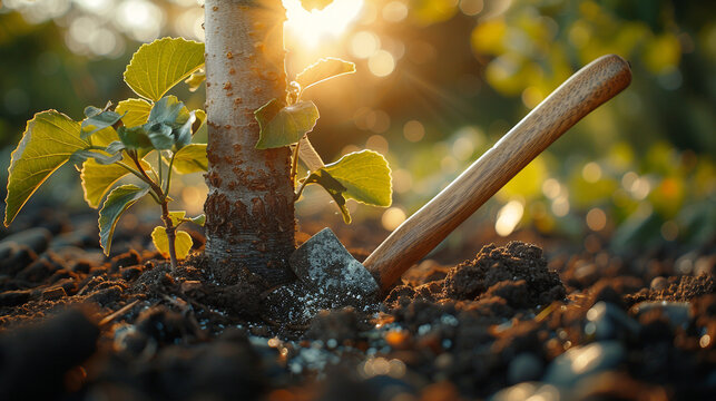 The parable of the barren fig tree. Tree and ax at the roots. Christian symbolic photo for religious evangelical publications. Illustration of the parable of Jesus Christ.