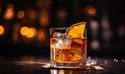 A Sublime Combination: Whiskey and Orange Slice Reunite in a Glass of Elegance - obrazy, fototapety, plakaty