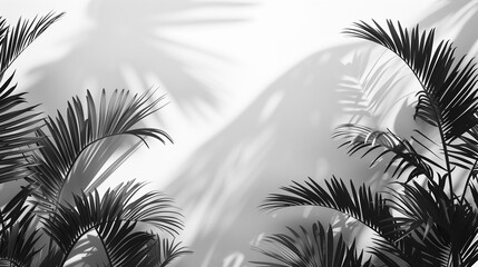 A white background with tropical palm tree leaves and shadow