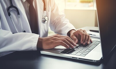 A Doctor Diagnosing Patients and Researching Medical Information on a Laptop Computer - obrazy, fototapety, plakaty