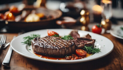 delicious grilled beef in a plate on old wooden desk. copy space for text
