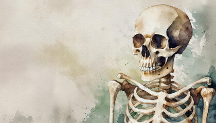 Skeleton, watercolor art, canvas background, copy space on one side