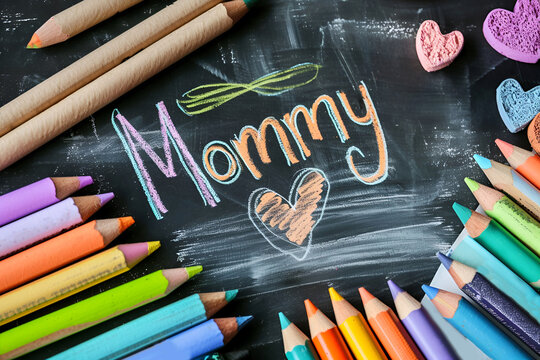 Children's drawing with pencils and chalk on a blackboard and lettering - Mommy , Mother's Day concept