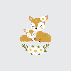 Obraz premium Illustration of cute deer, fawn. Baby, child, cute portrait. Little face, little animal, pet. Brown character, colorful graphic. Stickers, wall art, kids room decoration, cutie full face, small fawn