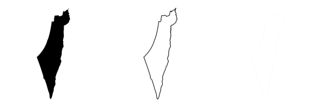 Israel country silhouette. Set of 3 high detailed maps. Solid black silhouette, thick black outline and thin black outline. Vector illustration isolated on white background.