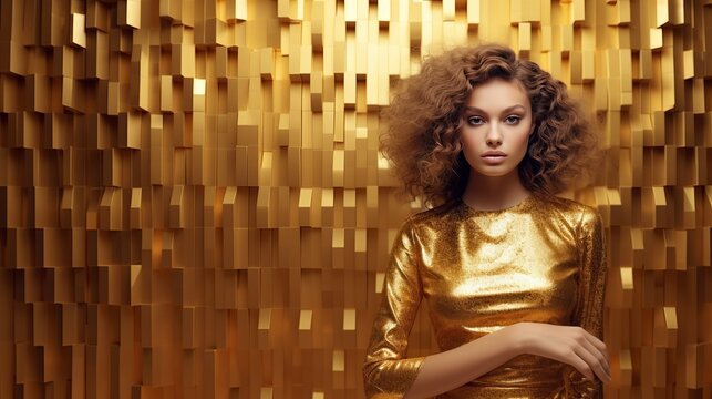 Golden dressed woman with curly hair in golden background
