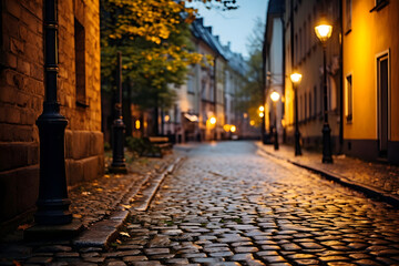 Fototapeta na wymiar Old street with cobblestone and lanterns at night in Riga, Latvia