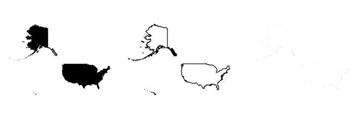 United States of America country silhouette. Set of 3 high detailed maps. Solid black silhouette, thick black outline and thin black outline. Vector illustration isolated on white background.