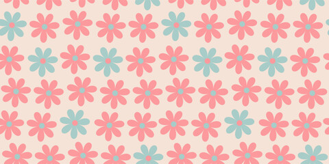 Floral pattern in the style of the 70s with groovy daisy flowers. Retro floral naive vector design. Style of the 60s, 70s, 80s