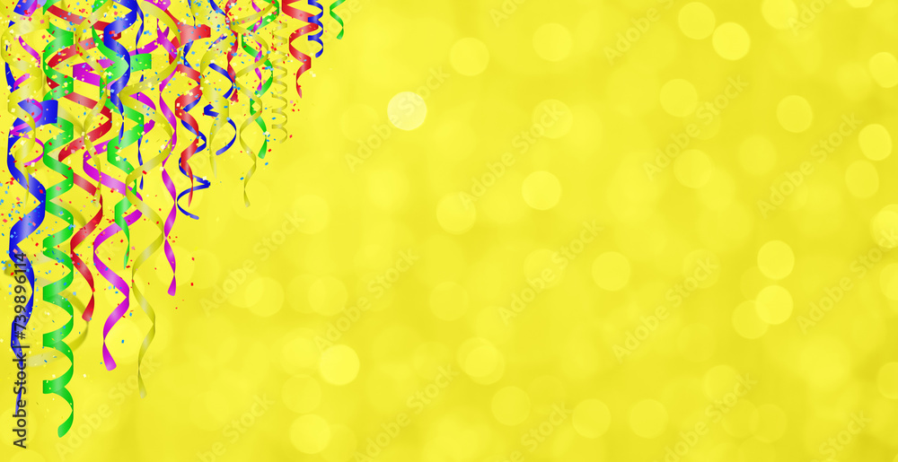 Aufkleber Falling confetti and curly colorful shiny streamer on yellow blurred background. Empty space for text