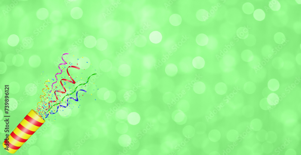 Aufkleber party popper with flying confetti. yellow and red firecracker explodes with serpentine. birthday and