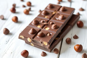 Sweet chocolate bar with hazelnuts on wooden background