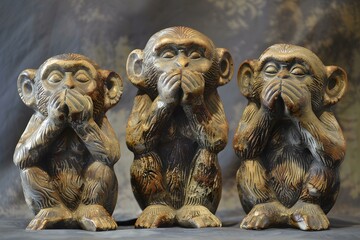 Three monkeys symbolizing see no evil hear no evil speak no evil. Concept Monkeys, Symbolism, Three Wise Monkeys - obrazy, fototapety, plakaty