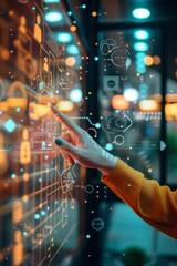 female hand touching smart device with computer icons