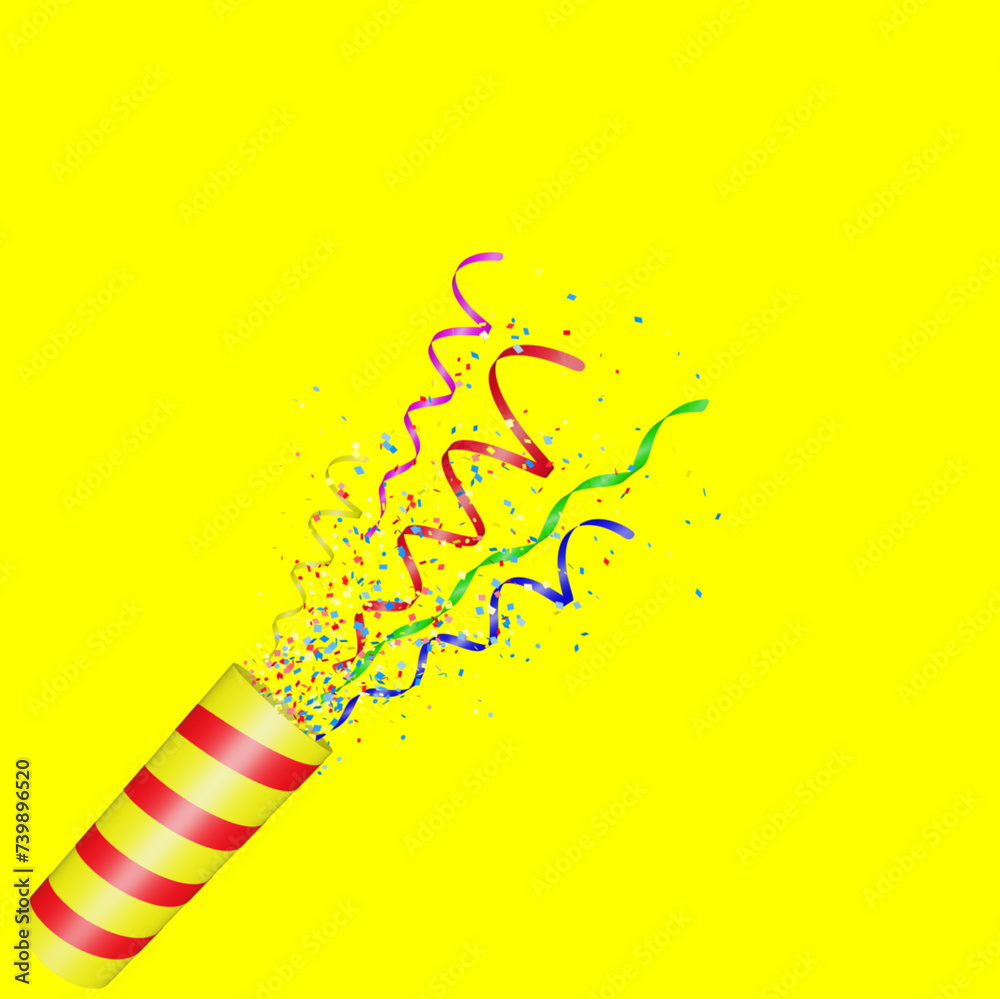 Poster Party popper with flying confetti. Yellow and red firecracker explodes with serpentine. Birthday and anniversary banner with empty space for text. 3d render
