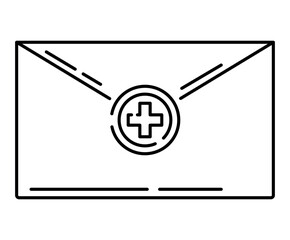 Vector isolated line icon. Envelope symbol with medical cross. Doctor report or document.