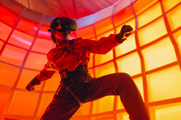 A man fully immersed in a virtual world, his human face illuminated by the glow of his virtual reality goggles, dancing wildly in a room filled with colorful clothing and pulsating music