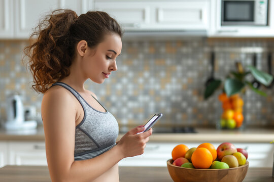Young woman texting on smartphone in a modern kitchen setting with fresh fruits, depicting a casual domestic lifestyle.
