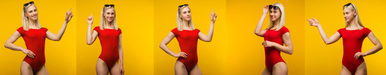 Set of five images pretty blond lifeguard in red swimsuit and sunglasses points finger up