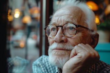 Portrait of a thoughtful man with glasses sitting in a cafe by the window