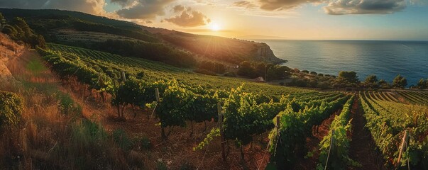 Beautiful vineyard on the slopes of the azure coast of France, sunset rays, warm summer evening, professional photo, nature photo - obrazy, fototapety, plakaty