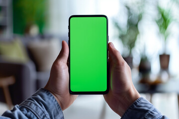 Close-up of hands holding smartphone with green screen, ideal for app mockups.