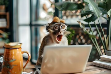 Surprised monkey in glasses at a laptop humanizing animal characters in office. Concept Surprise Monkey, Glasses, Laptop, Humanizing Animals, Office Setting