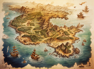 A fantasy map of a sea with islands, coastlines, and treasure. A sailing ship and a pirate ship are sailing on the map. 