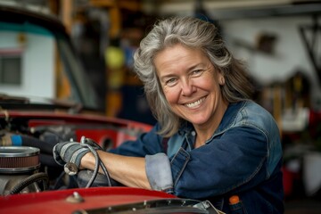 Fototapeta na wymiar Portrait of a female car mechanic repairing a car engine at a service center