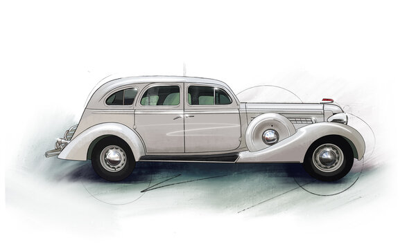 recommend clip art: Hand drawn illustration,beige retro bus, old car, retro garage, antique car, Soviet auto industry. High quality illustration