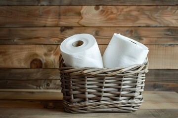 Toilet paper rolls in basket on wooden background