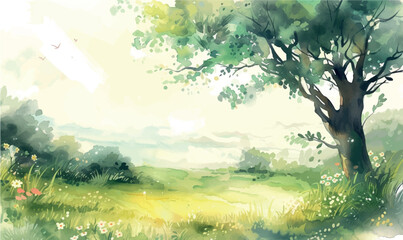 watercolor spring landscape with tree, grass and sun - obrazy, fototapety, plakaty