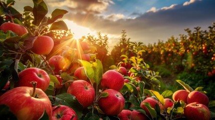 Sunlit scene overlooking the apple plantation with many apples, bright rich color, professional nature photo