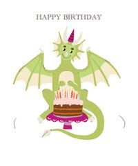 Birthday card with Green Dragon with Cake and candles for kids. Birthday party, celebration, holiday, event, festive, congratulations concept. Vector illustration. Postcard, card, cover.