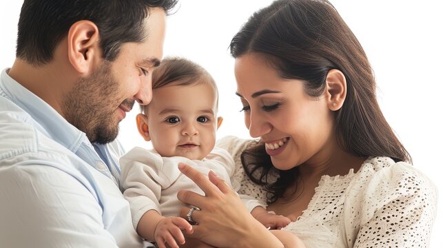 Happy family, Mom, Dad and baby sharing joy on white background, capturing love and togetherness
