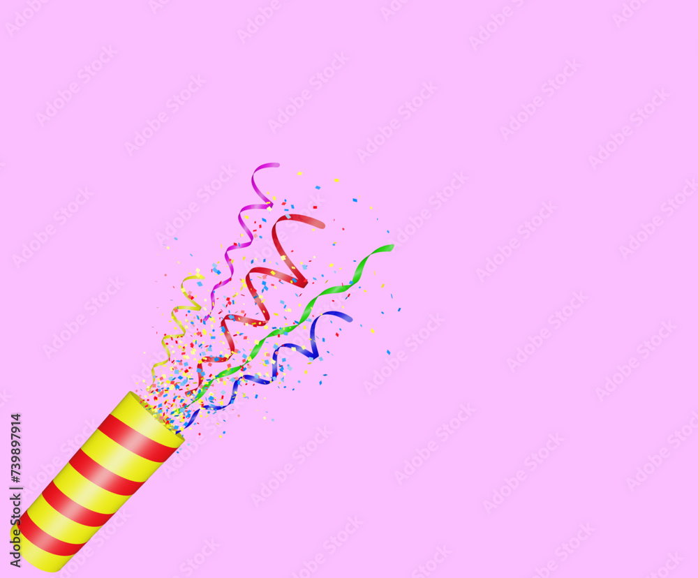 Aufkleber Party popper with flying confetti. Yellow and red firecracker explodes with serpentine. Birthday and anniversary banner with empty space for text. 3d render
