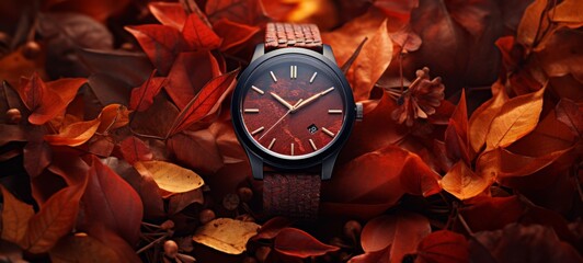 Red watch. The essence of fall by showcasing a wrist watch in a close-up surrounded by vibrant, scattered autumn leaves. Experiment with different watch styles and leaf. - obrazy, fototapety, plakaty