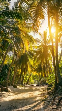 Sunlit scene overlooking the coconut plantation with many coconuts, bright rich color, professional nature photo