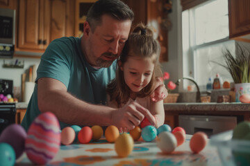 Fototapeta premium a cute father and daughter decorating easter eggs at home