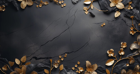3D wallpaper of Golden flowers on a black granite background with space for copy