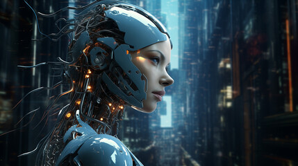 AI contemplating and thinking, technological background, friendly