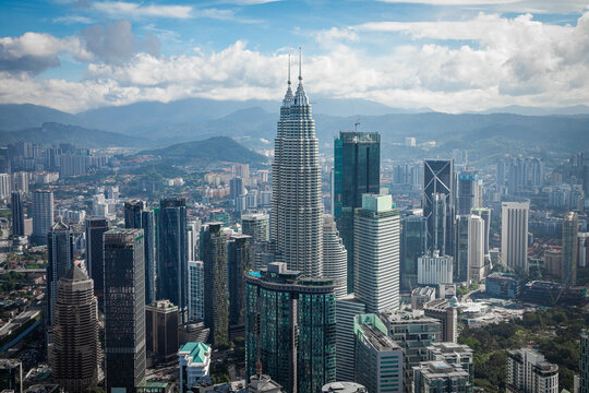 Petronas Twin Towers and Kuala Lumpur skyline, Malaysia. The main attraction of Malaysia and the panorama of Kuala Lumpur. View from above